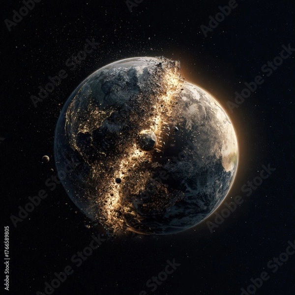 Fototapeta Fictional Earth-like Planet Shattering from Internal Explosion with Fiery Debris in Deep Space