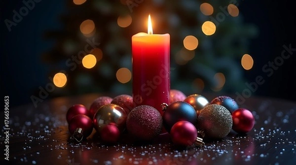 Fototapeta Red Candle with Christmas Ornaments and Snow in Festive Holiday Glow