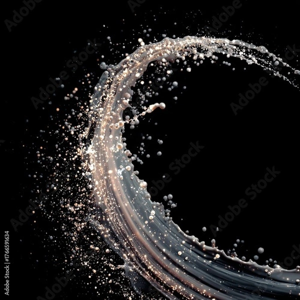 Obraz Close-up of splashing liquid with small glowing particles on a dark background for abstract fluid design and futuristic art for event