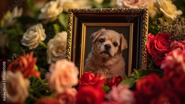 Obraz Flowers and a photo frame with a dog at a funeral