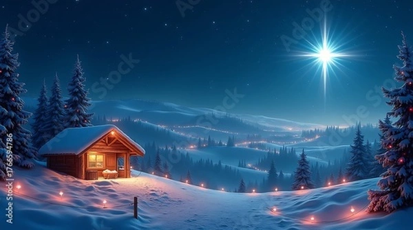 Fototapeta Christmas Nativity Scene with Star and Snowy Pine Trees at Night