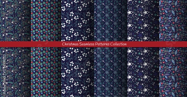 Obraz Winter Seamless Vector Collection of  Floral Patterns with Green Branches, Leaves and Stars on a dark Blue Background.	
