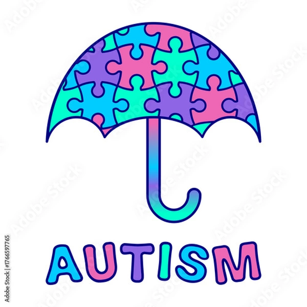 Fototapeta Autism awareness umbrella. Puzzle pattern symbol of support and inclusion. Autism understanding and protection. Colorful autism spectrum design element. Autism awareness month. Vector illustration. 