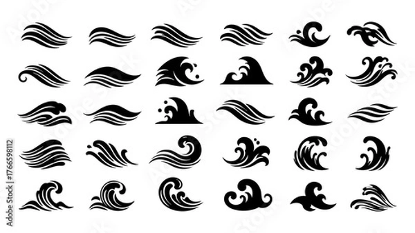 Fototapeta Black Ocean Wave Icon Set – Minimalist Silhouette Water Symbols