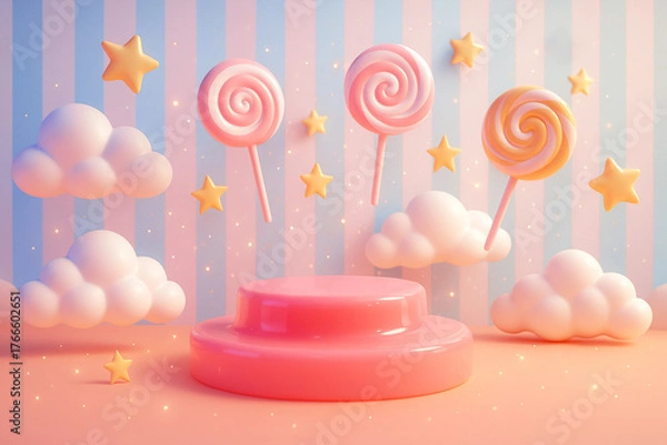 Fototapeta Candy-Themed Playground with Jelly Platforms and Pink Podium