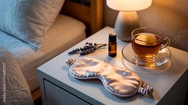 Fototapeta A serene sleep hygiene scene: a bedside table set for a calming wind-down routine with a silk eye mask, lavender, essential oil, and herbal tea.