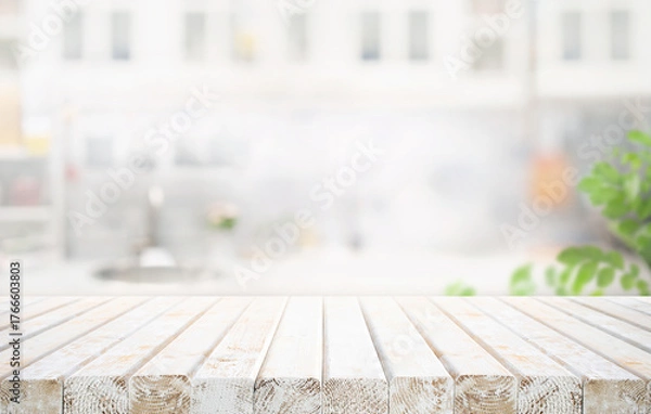 Obraz Selective focus.White rustic wood texture table top counter  island  on blur kitchen wall
