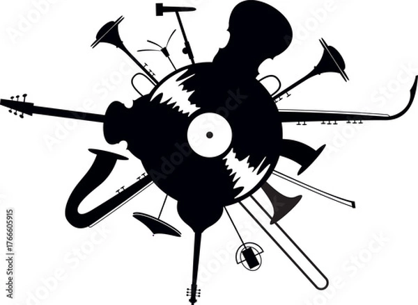Fototapeta Long play record combines with musical instruments. Black and white illustration