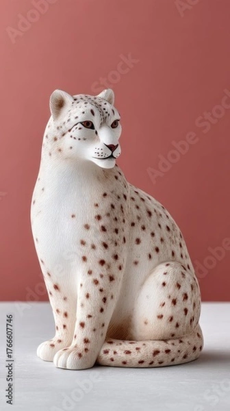Obraz Detailed Portrait Of A Sitting Snow Leopard Figurine With White And Brown Spots On A Dusty Grey Surface With A Muted Rose Background