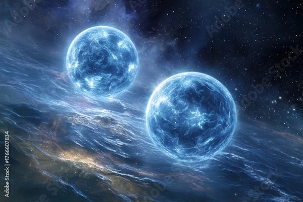 Fototapeta Surreal Illustration of Two Fictional Neutron Stars Floating in a Mystical Cosmic Ocean with a Starry Space Background