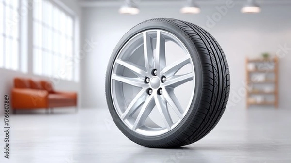 Obraz Detailed Close Up Of A Polished Silver Alloy Car Wheel With Black Tire In A Bright Modern Showroom With Soft Natural Light And Orange Sofa In Background