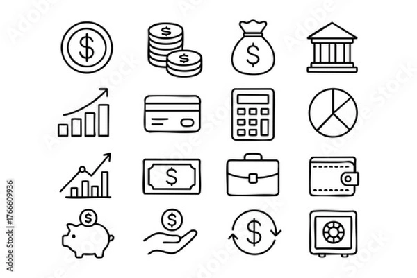 Obraz Financial Line Icons Set Vector - Money, Banking, Investment, and Business Accounting Symbols