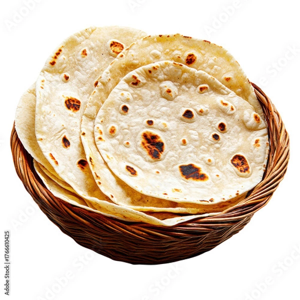 Fototapeta Stack Of Freshly Baked Flatbreads With Browned Spots Piled In A Woven Wicker Basket isolated on transparent background. PNG die-cut for advertising