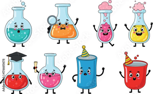 Obraz Cartoon laboratory glassware characters, funny science beakers, cute chemistry flasks, educational test tubes, colorful liquids, anthropomorphic lab equipment,