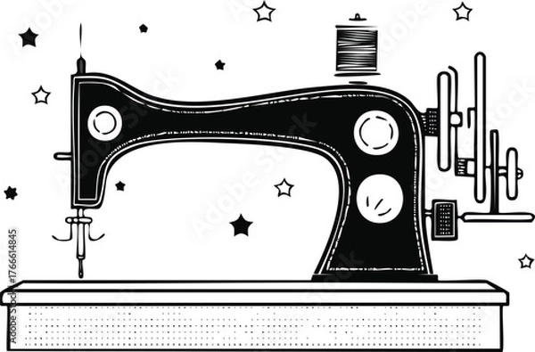Obraz Vintage Sewing Machine Illustration with Stars on White Background Keywords: antique, art, black, classic, craft, creative, design, drawing