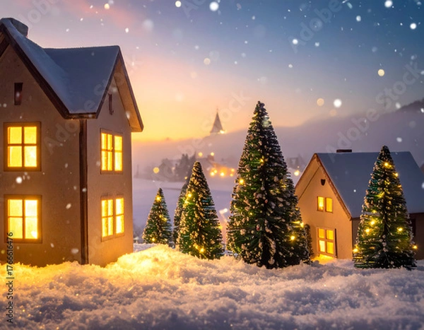 Obraz A christmas scene with a house and trees