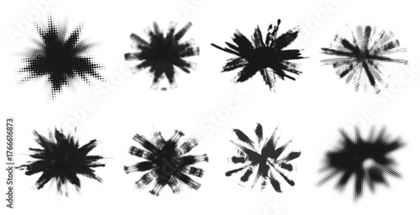 Fototapeta Grunge burst. Abstract halftone explosion, brush stroke firework, boom textured black bubble shape retro comic effect. Vector isolated set