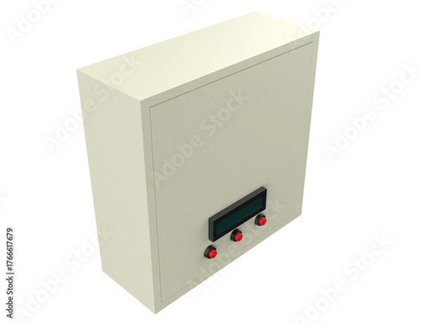 Fototapeta Factory Automation Equipment Control Board: Isolated Front View 3D Render of Beige Industrial Safety System Box, Featuring Digital Readout Panel and Red Emergency StartStop Buttons, HD Transparent PNG