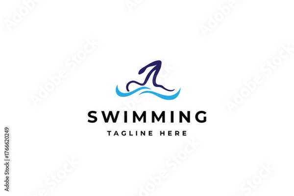 Fototapeta Freestyle swimming sport logo with blue wave element in flat vector design style