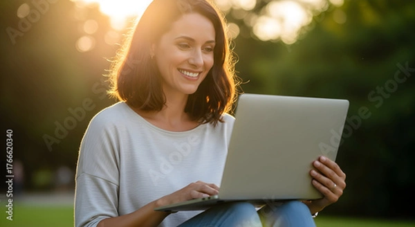Fototapeta Happy young woman sitting on the grass in a park, smiling as she works or browses on her laptop during a beautiful sunny day
