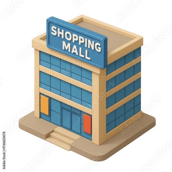 Obraz STYLE Icon 3D render, Isometric style of Shopping Mall – Multiple floors, glass facade, signage banners, isolated on a transparent background