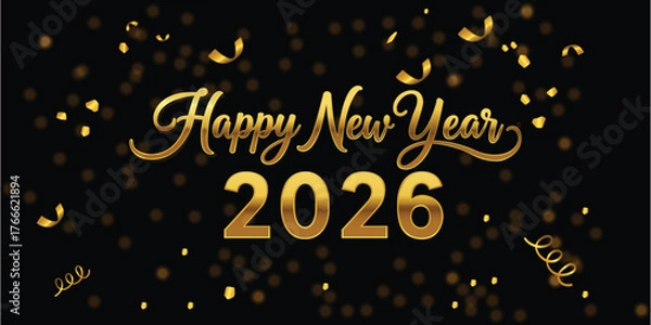 Obraz happy,new,2026 flat vector banner illustration with gold bokeh and stars for happy new year 2026 greeting