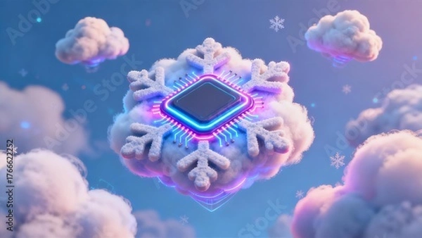 Obraz Glowing Microchip In Snowflake Cloud For Digital Cold Storage, Quantum Computing, And Efficient Cooling System
