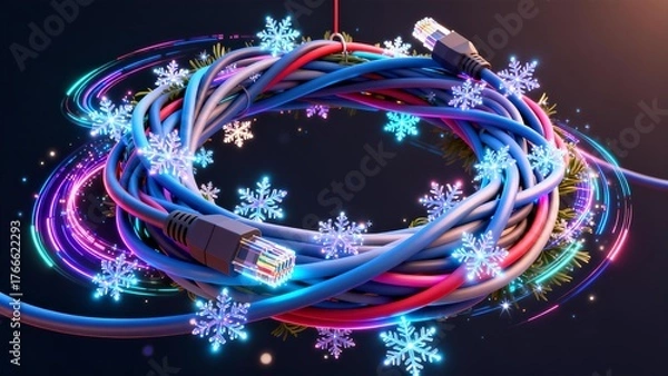 Obraz Glowing Network Cables Coiled into a Festive Christmas Wreath with Bright Snowflakes