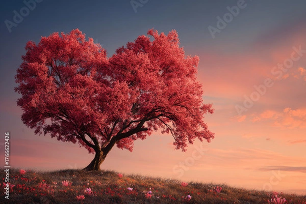 Fototapeta Tree of love in spring. Red heart shaped tree at sunset. Beautiful landscape with flowers.Love background with copy space.Valentine day card