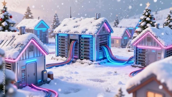 Obraz Winter Data Center Network Server Farm Glowing Fiber Optic Cables Digital Technology Infrastructure