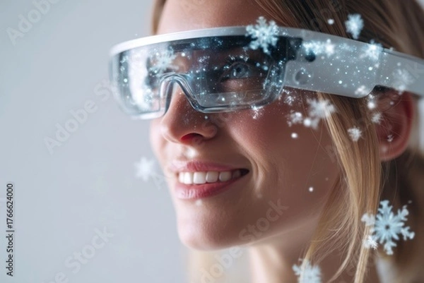 Fototapeta smiling woman wearing futuristic AR glasses with digital snowflakes, immersive holiday technology, virtual Christmas, innovation and virtual reality experience for tech, advertising, retail industries