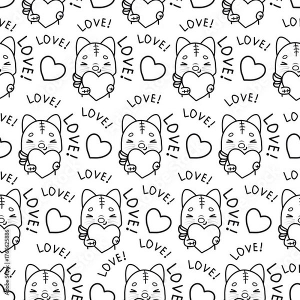 Obraz Seamless pattern with a cat and a heart in kawaii style. Black and white vector festive illustration for Valentine's Day.