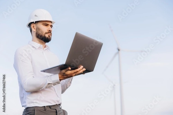 Fototapeta Engineer holding laptop analyzing wind turbine operation for sustainable energy