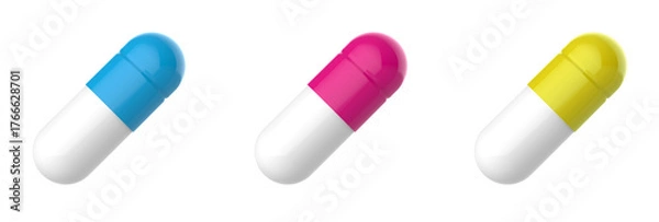 Obraz Three antibiotic capsules on white background. 
