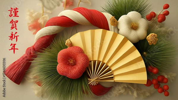 Obraz 謹賀新年 ― 雅やかな正月飾りと黄金の扇で祝う新春