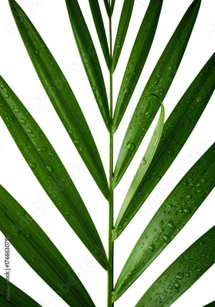 Fototapeta Vibrant green areca palm frond, snapped leaflet revealing moist translucent inner core, intricate veins, on transparent background with dramatic chiaroscuro studio lighting. Concept of natural
