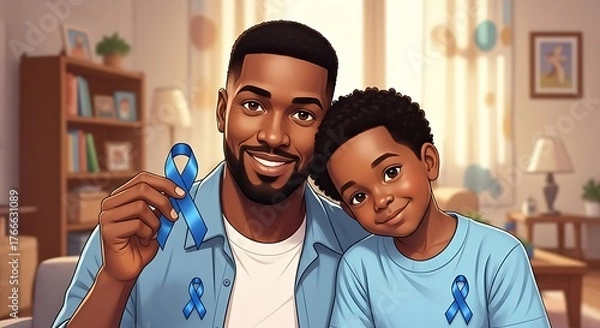 Fototapeta Illustration of a father holding blue ribbon Men's Health Awareness Campaign and son both wearing blue shirt