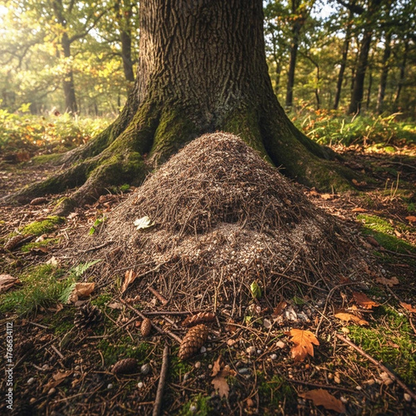 Obraz Ant hill at the base of a tree in a forest during autumn sunlight