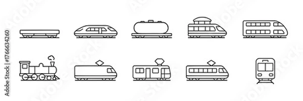 Fototapeta Set of ten black and white line drawings of different train cars and engines