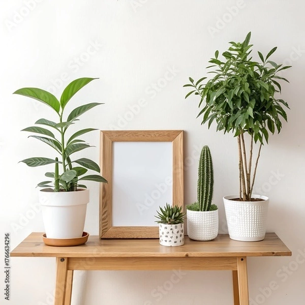 Fototapeta Scandinavian Wooden Console with Blank Frame and Houseplants