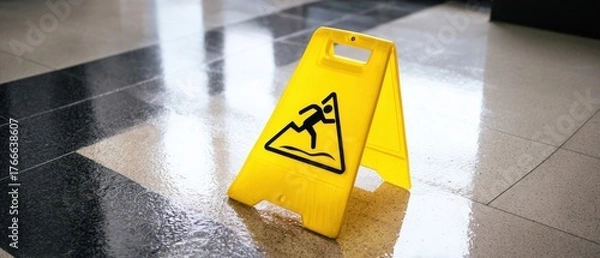 Fototapeta The Yellow Wet Floor Caution Sign on a Shiny Tiled Lobby Floor