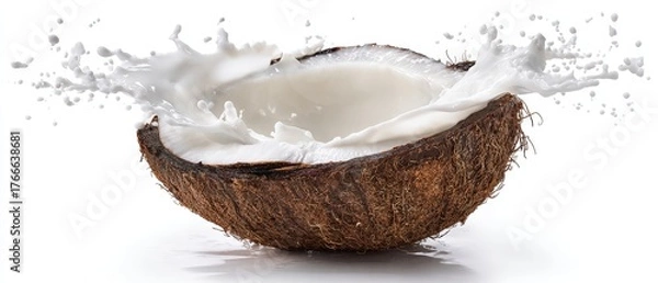 Fototapeta The Coconut Half Splashing Fresh Milk on White Background with Droplets