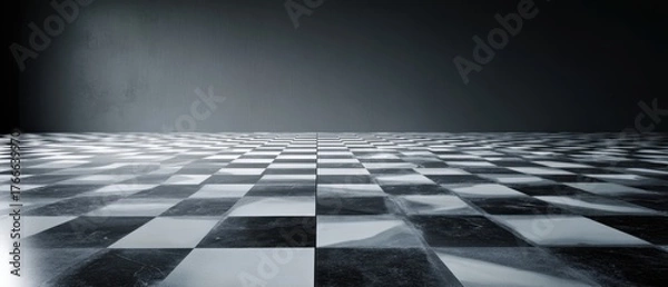 Fototapeta The checkerboard floor stretches into a dramatic moody empty studio with dark backdrop