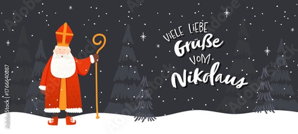 Obraz Lovely drawn Nikolaus character, text in german saying "Greetings from St. Nikolaus" - great for invitations, banners, wallpapers, cards - vector design