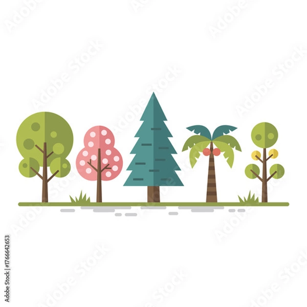 Fototapeta Collection of Flat Design Trees and Plants Illustration