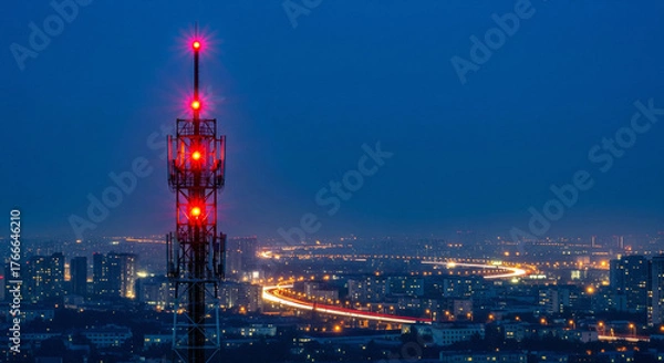 Fototapeta Telecommunication tower with red warning lights overlooking a city at night with long exposure light trails