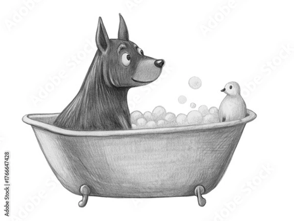 Fototapeta Dog in a bathtub with bubbles and a bird isolated on transparent background drawing