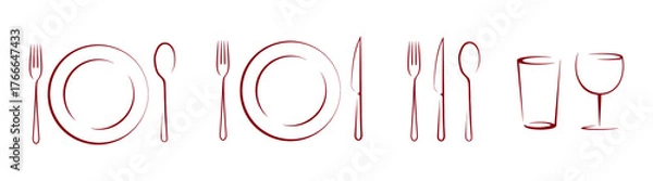 Fototapeta Elegant line art tableware and dining utensils set isolated on transparent background