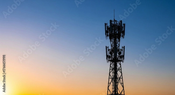 Fototapeta Telecommunication Cell Tower Silhouette Against Vibrant Sunset Sky