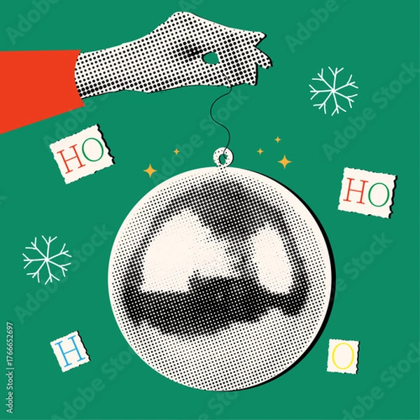 Fototapeta Christmas and New year halftone collage elements set,cutout of magazine elements,hand holding disco ball